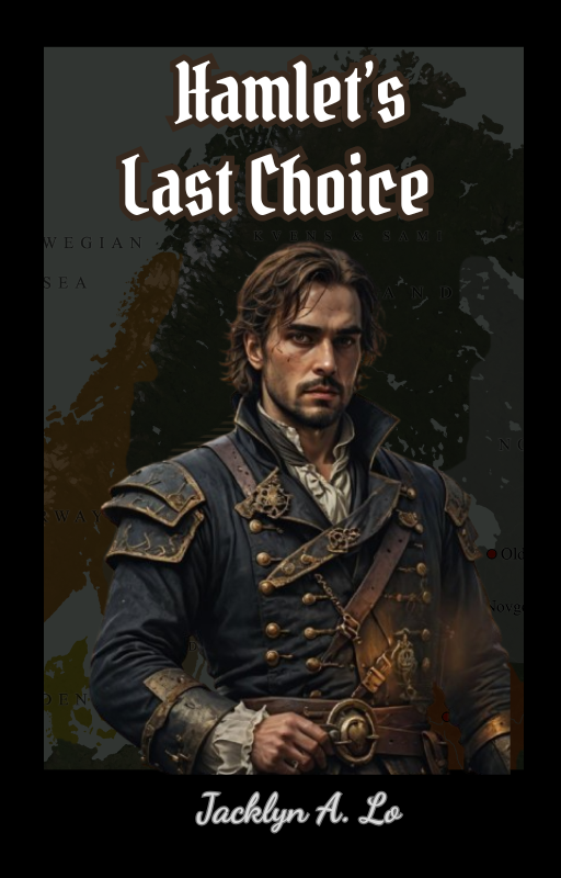 Hamlet in period attire with a 13–14th century Scandinavian map in the background — cover of “Hamlet’s Last Choice” novel.