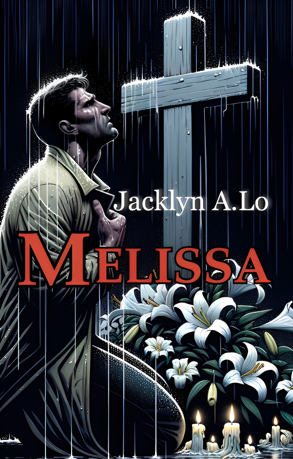 Man with sorrowful face standing in rain at cemetery, mourning at Melissa’s grave, turning his gaze toward the sky