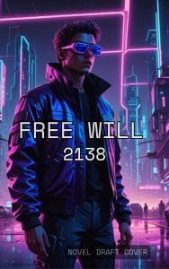 Free Will 2138 script cover showing a 15-year-old boy in a futuristic city wearing a pink and dark blue jacket and glasses.