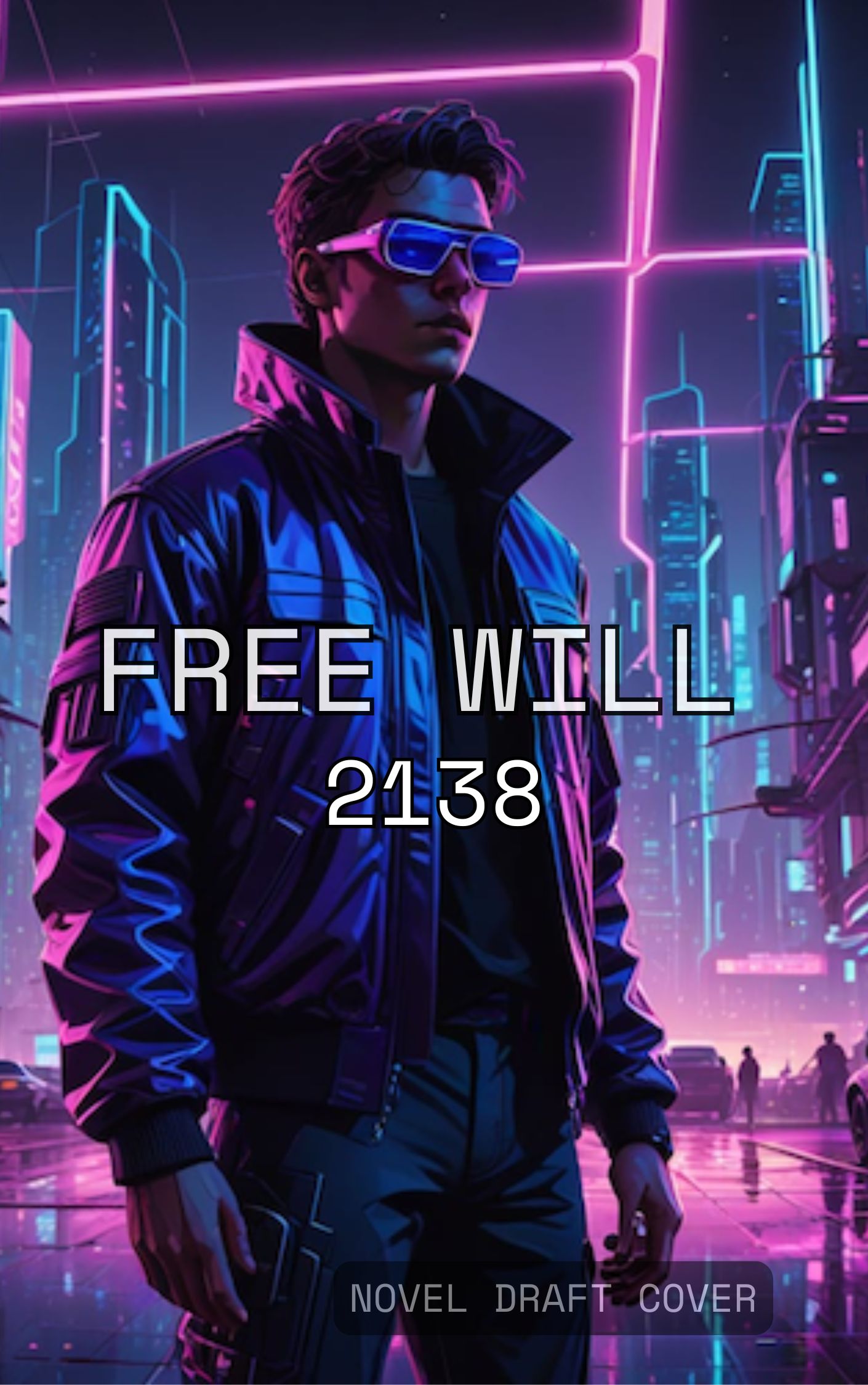 Free Will 2138 script cover showing a 15-year-old boy in a futuristic city wearing a pink and dark blue jacket and glasses.