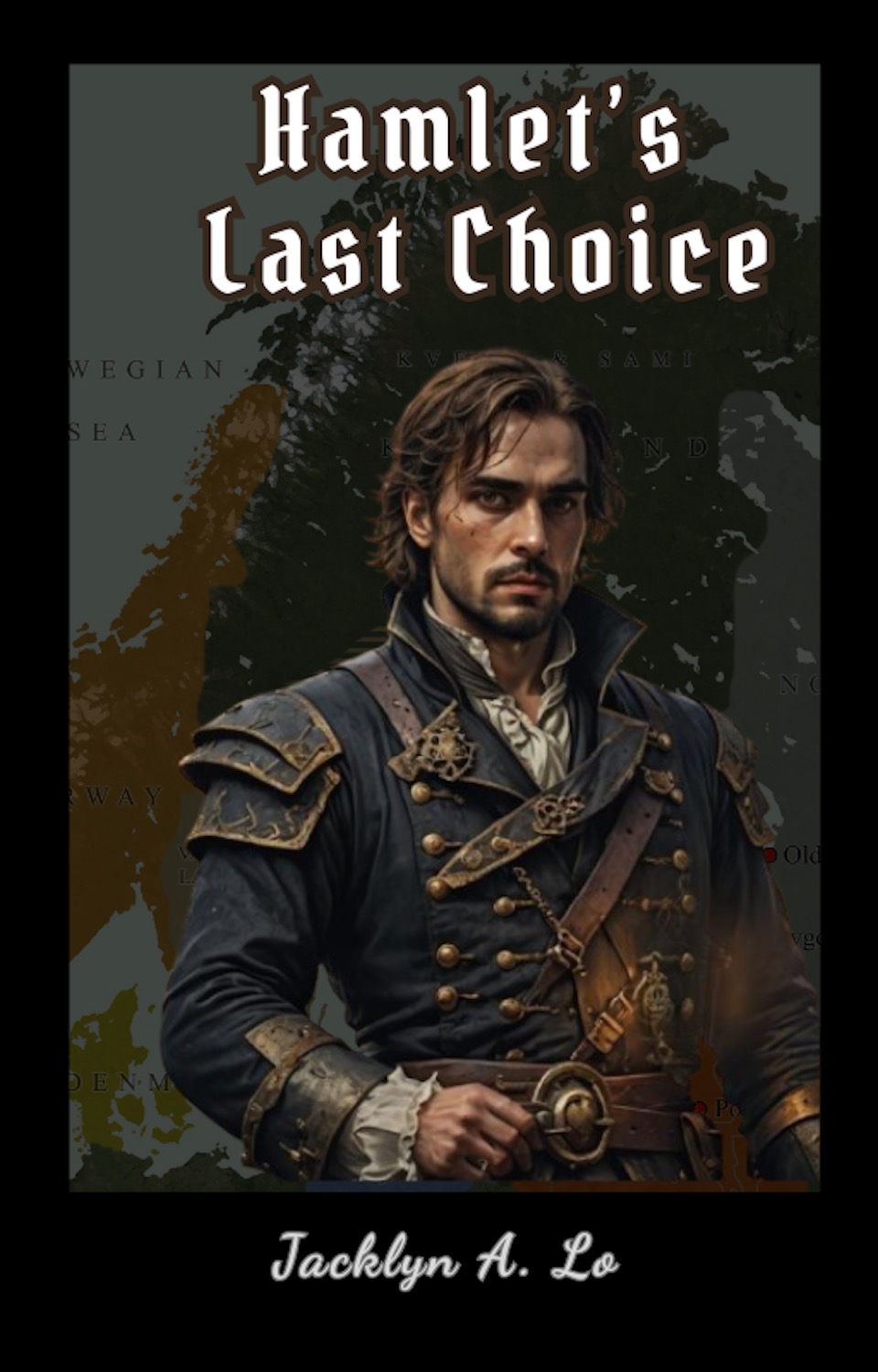 Hamlet in pirate attire standing on a ship at sea, with a charismatic and determined expression, symbolizing bravery and resolve