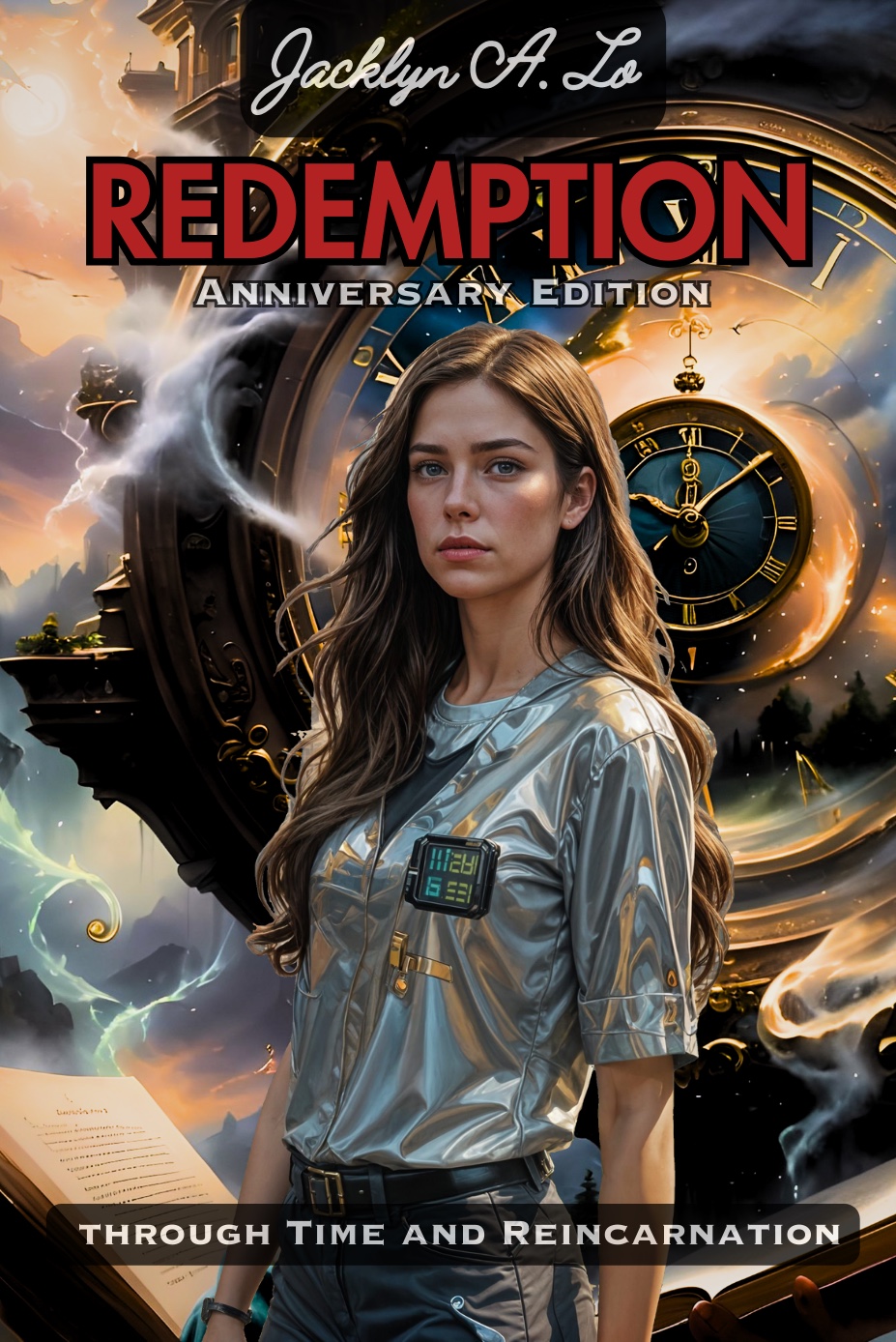 Futuristic young woman with long brown hair on Redemption book cover, with watch, book, and misty background symbolizing time, knowledge, and mystery.
