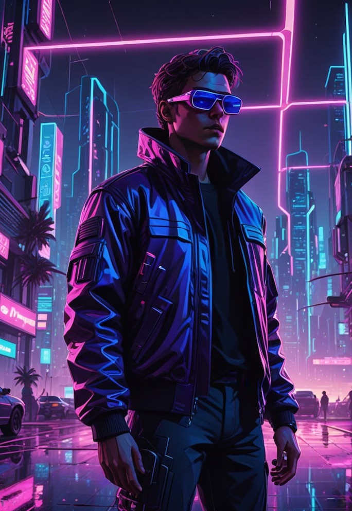Fifteen-year-old boy clone standing alone in a futuristic high-tech city with purple hues, symbolizing isolation and the challenges of free will.”